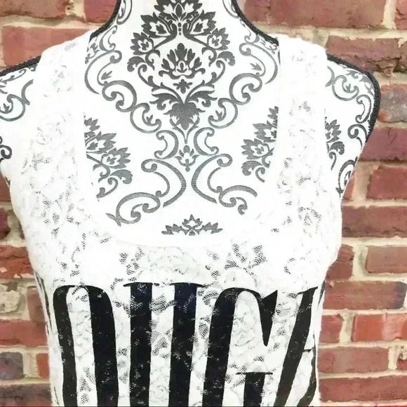 EXPRESS “Tough Chic” Creme Lace Scoop Neck Graphic Sleeveless Tank Top Size M - Picture 5 of 8